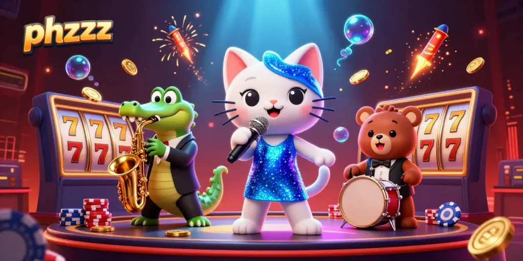 Engage in excitement with phzzz as a jazz-singer cat performs on a vibrant casino stage with colorful game elements.