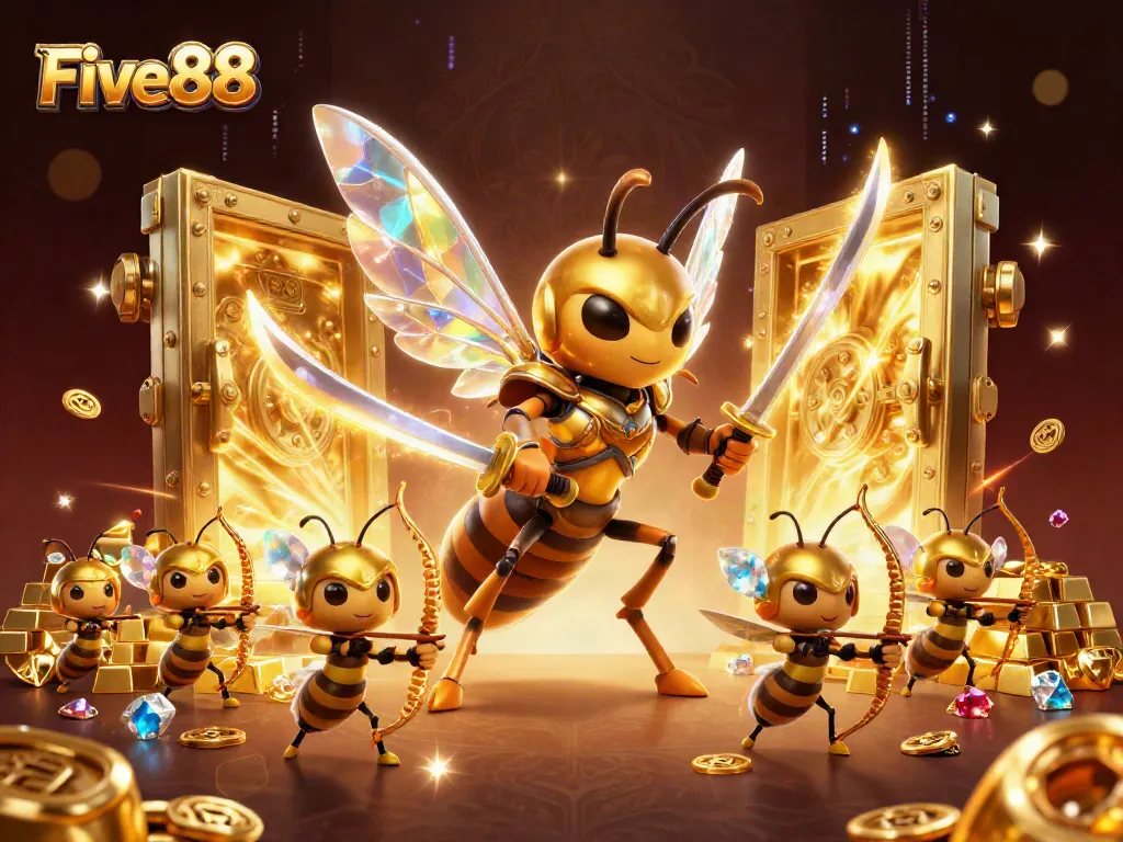 Experience Five88’s thrilling casino world with valiant hornet warriors amidst treasures.