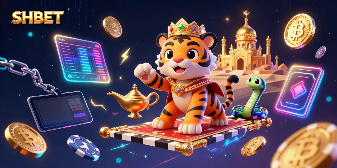 Experience thrilling gaming with SHBET featuring a tiger sultan on a poker chip carpet surrounded by crypto elements.