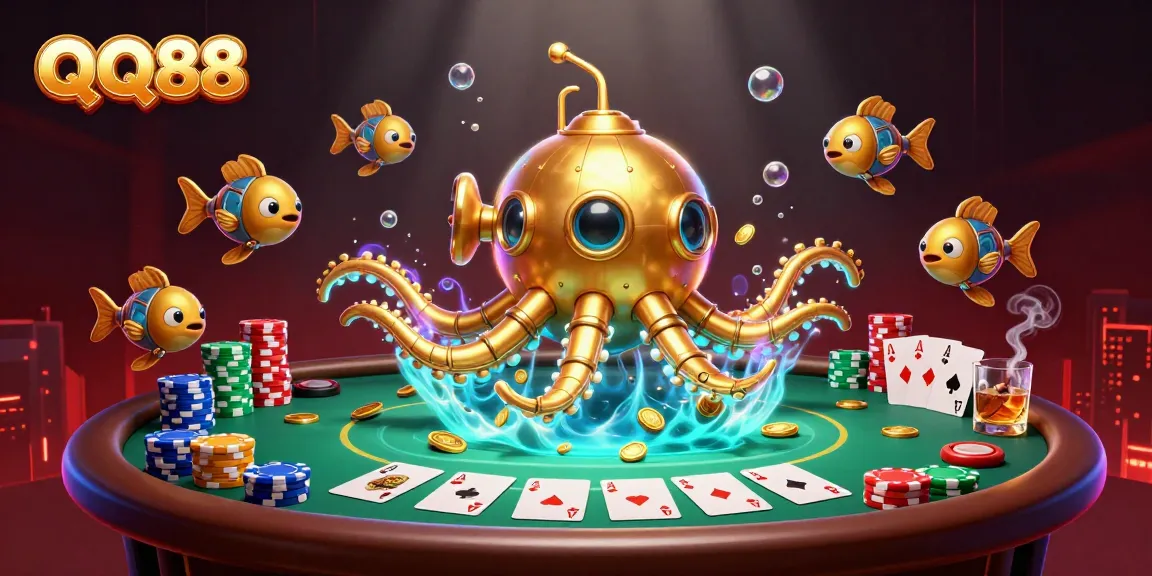 Experience thrilling action at QQ88 with a dynamic 3D casino scene featuring golden kraken and poker elements.