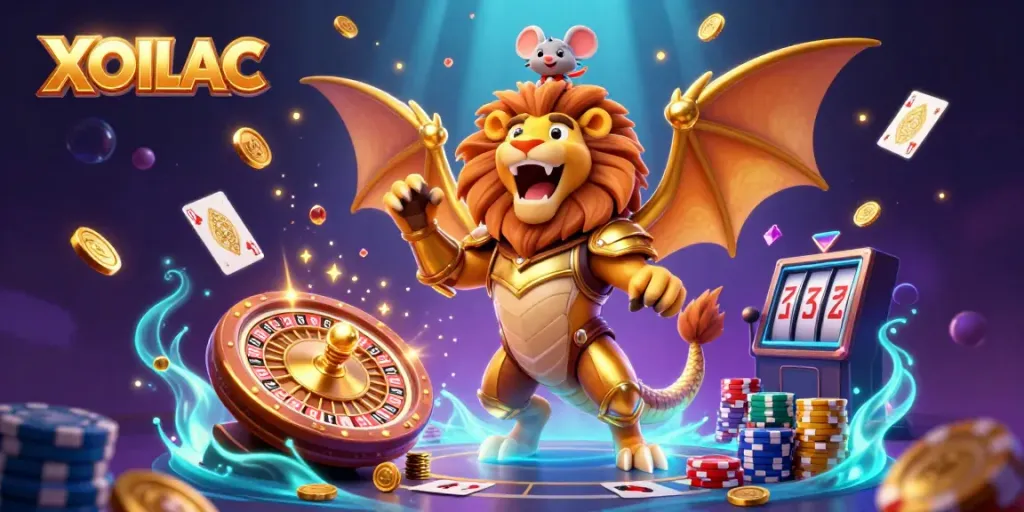 Experience the XOILAC excitement with a roaring chimera below a vibrant casino backdrop filled with golden coins and roulette wheels.
