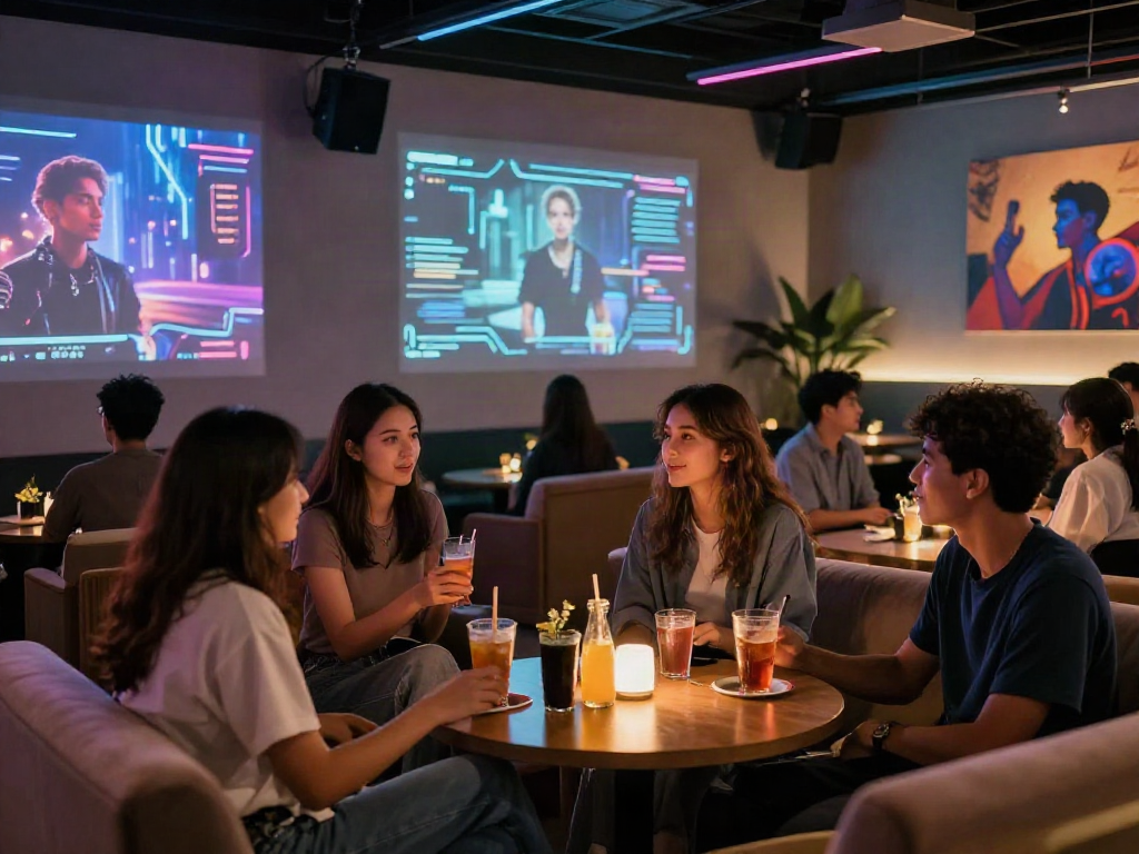 Interactive urban lounge scene depicting nsfw ai technology integration in nightlife entertainment.