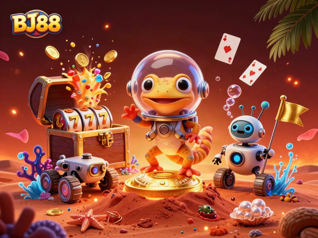 BJ88 engages players in a vibrant 3D digital casino scene filled with gold and excitement.