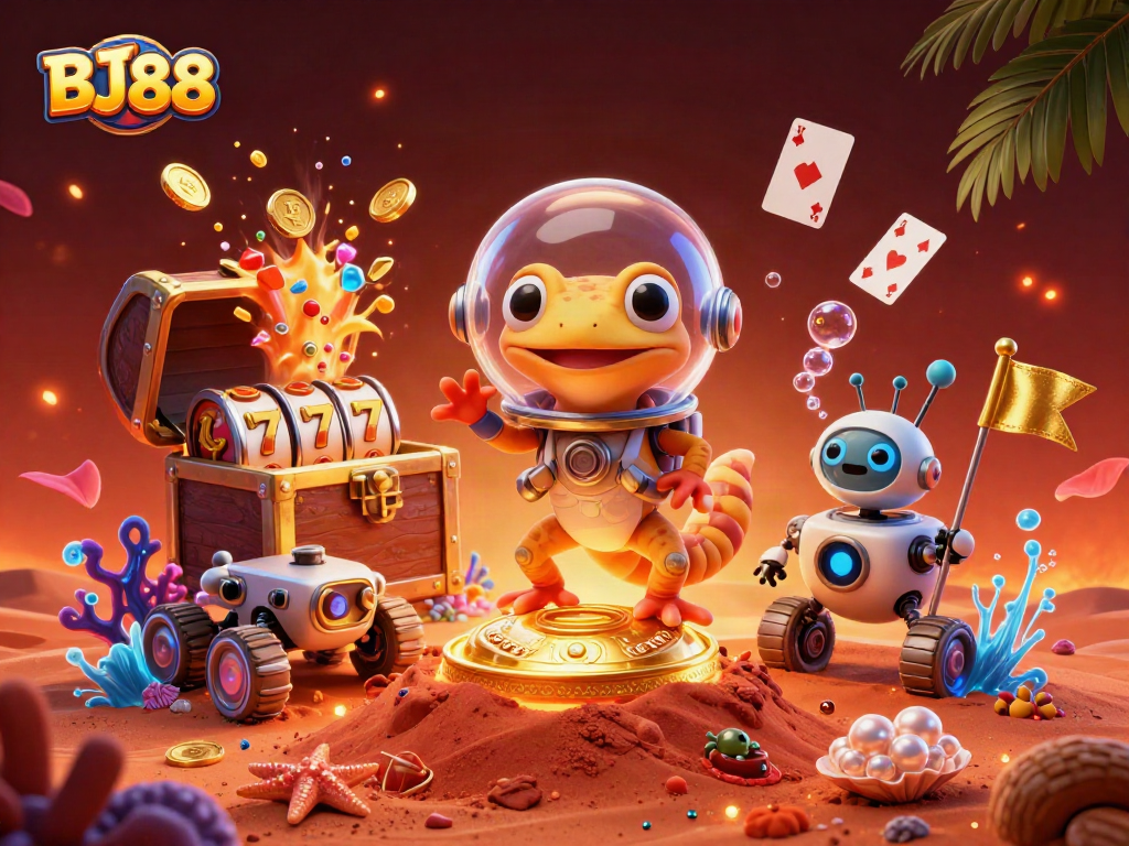 BJ88 engages players in a vibrant 3D digital casino scene filled with gold and excitement.
