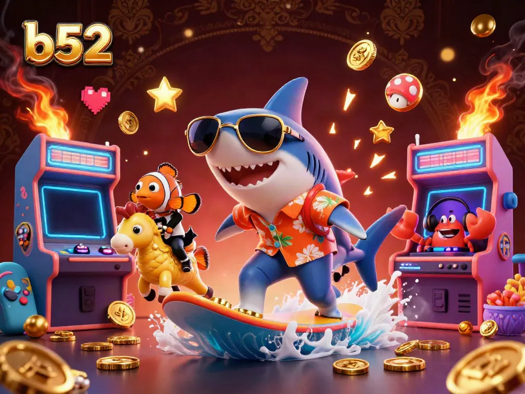 Experience the thrill of B52 casino action with a shark surfing on gold coins amidst vibrant gaming elements.