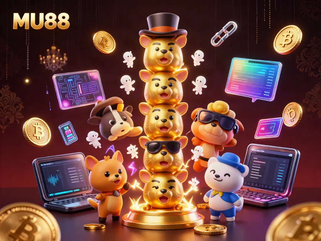 Engage with MU88's vibrant casino world featuring animated characters and crypto elements.