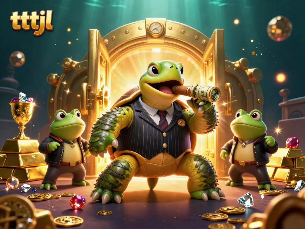 Engage with tttjl game dynamics in a vibrant illustrated scene with a turtle mobster and frog enforcers.