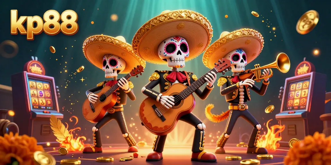 Experience the thrilling action at kp88 with a vibrant Day of the Dead casino scene featuring mariachi skeletons.