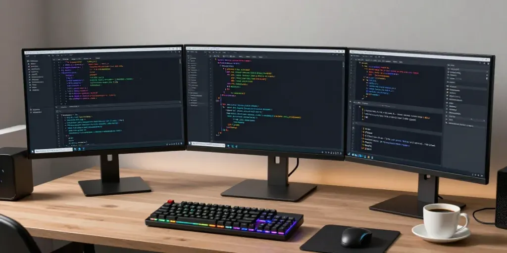 Buy .co.uk domain in a tech-focused environment showcasing software development tools and a professional workspace.