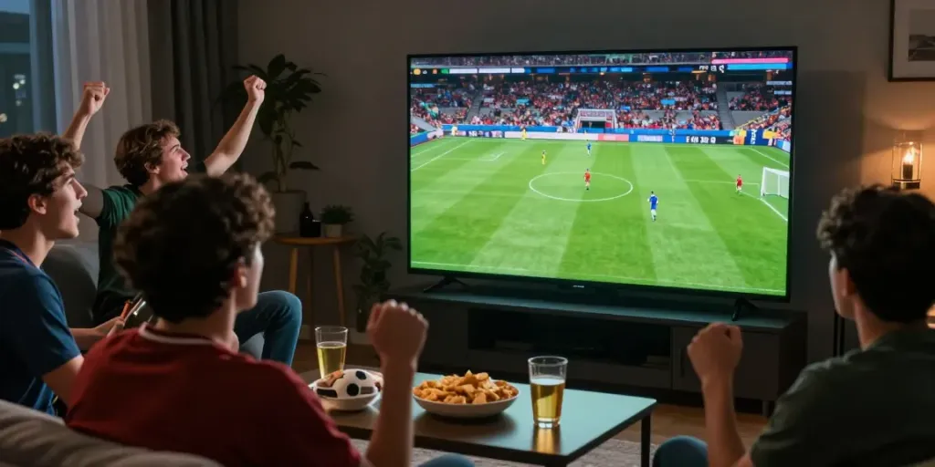 Engaged viewers enjoying live soccer streaming on Gavangtv in a vibrant setting.