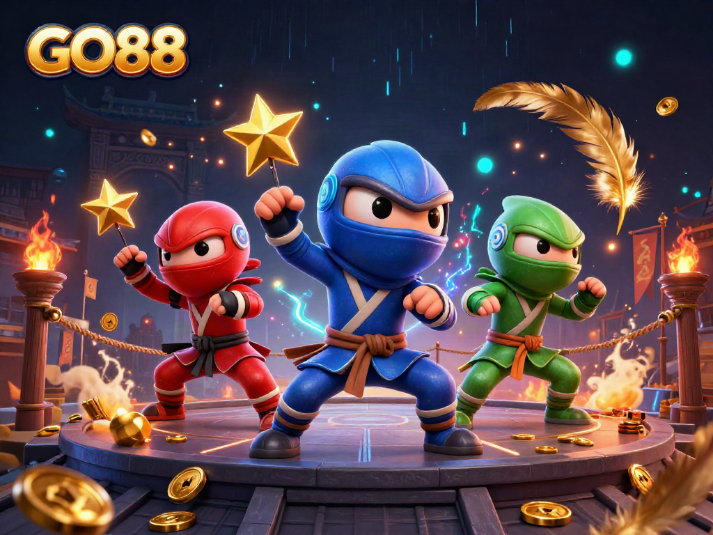 GO88 chameleon ninjas demonstrating martial arts in a vibrant, dynamic casino rooftop scene.