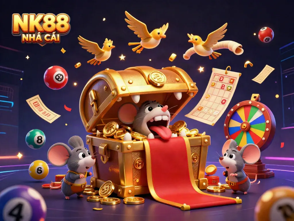 Engage with thrilling games at NK88 NHÀ CÁI, as vibrant lottery elements and a treasure chest promise exciting winnings.