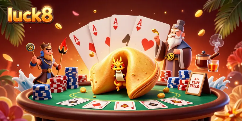 Engage with luck8 in an exciting casino scene featuring a fortune cookie, poker elements, and dynamic 3D characters.