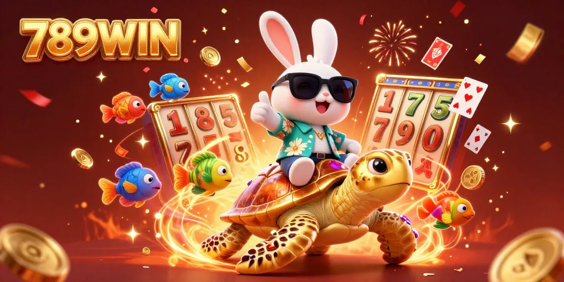 Join the fun at 789WIN with our vibrant casino illustration featuring a lucky rabbit and golden turtle.