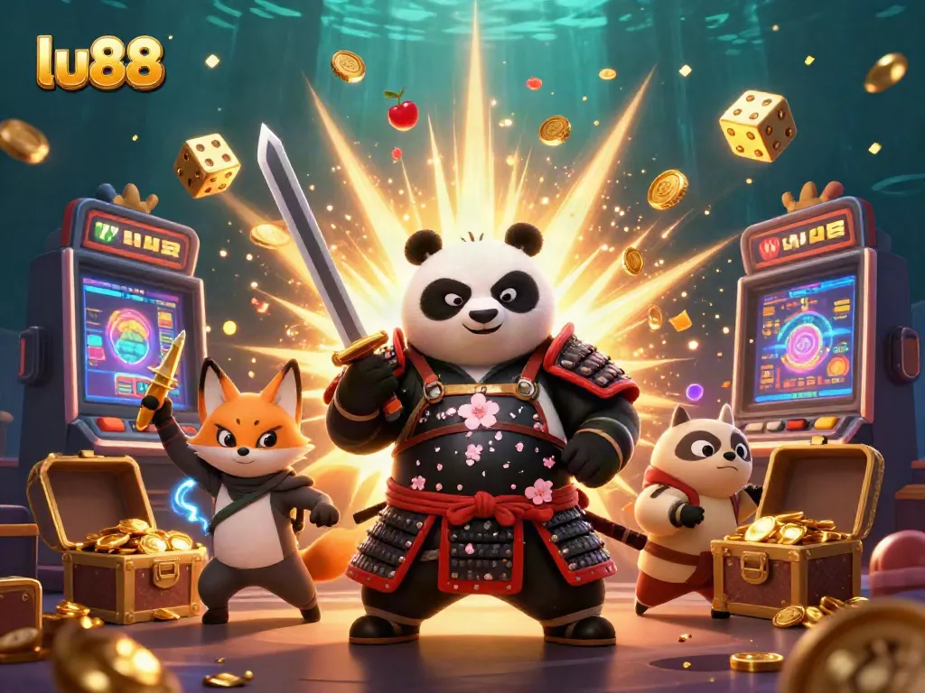 Experience the thrill of lu88 with a dynamic battle graphic featuring engaging characters and exciting casino elements.