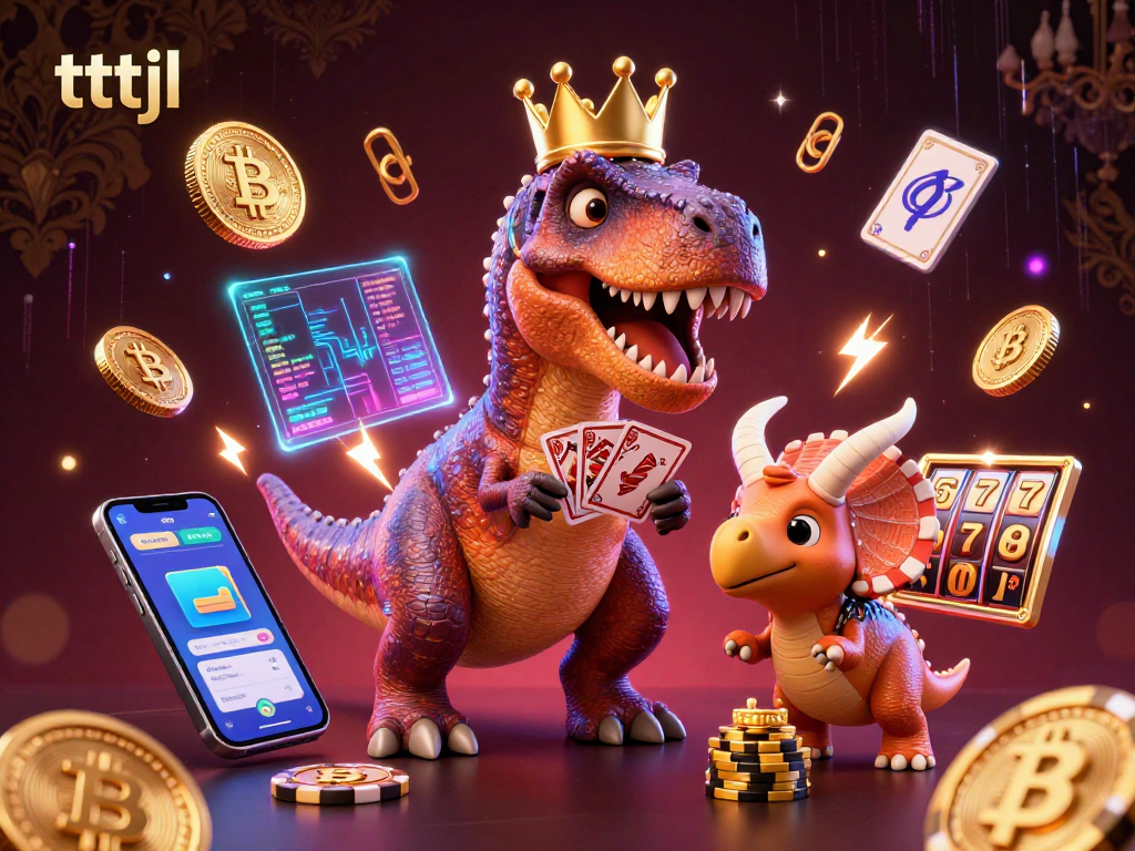 Engage in thrilling gameplay with tttjl featuring a playful T-Rex shuffling cards among crypto coins.