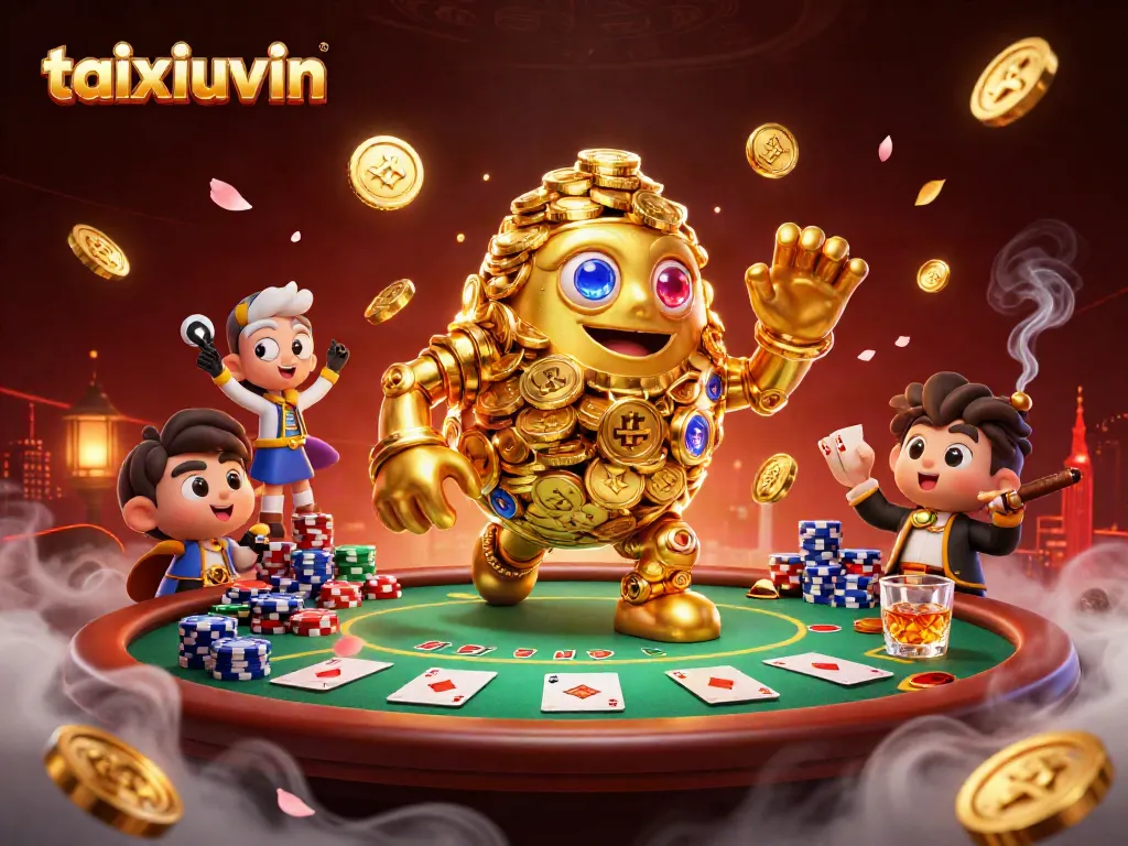 Spin the reels with taixiuvin's ancient golden golem amidst vibrant casino elements