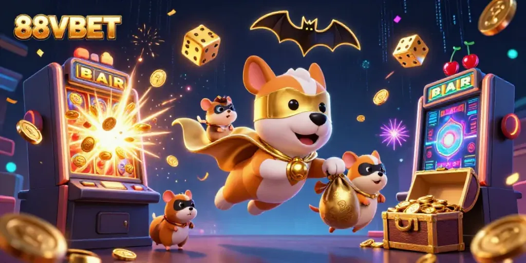 Experience thrilling action with 88VBET as a superhero dog flies with gold coins in this colorful casino scene!