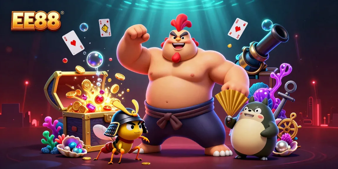 Experience the thrill of EE88 with dynamic characters and exciting game elements in a vibrant casino illustration.