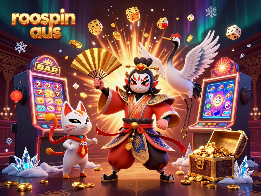 Experience vibrant action with roospin aus as kabuki warriors and slots intertwine in a casino scene.