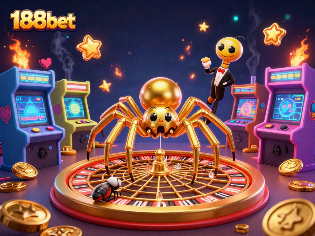 Experience thrilling action with 188bet's interactive gambling universe featuring a golden spider and roulette wheel.
