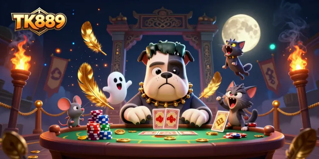 Experience thrilling gameplay at TK889 with a dynamic scene featuring digital casino characters.