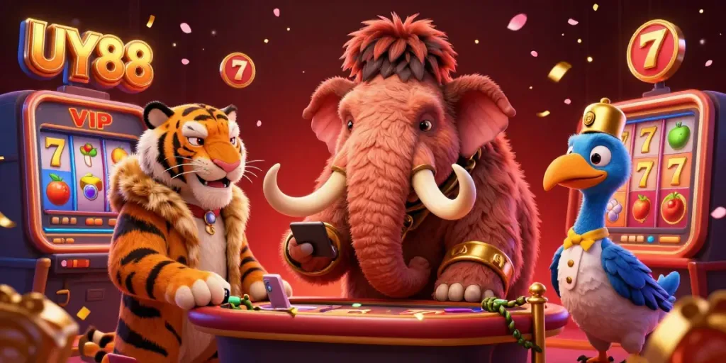 Experience UY88's vibrant casino scene with a woolly mammoth bouncer and a saber-tooth tiger VIP.