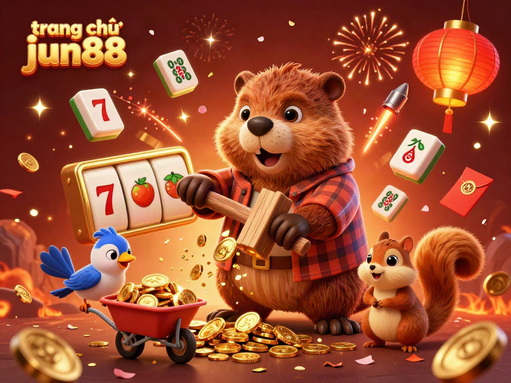Engage in vibrant gameplay at trang chủ jun88 featuring a beaver chopping a coin tree, celebratory elements, and jackpot visuals.