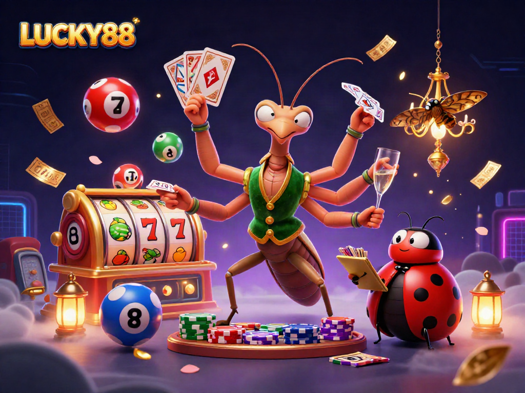 LUCKY88 slot machine scene with vibrant characters and scattered game elements for immersive gambling experience