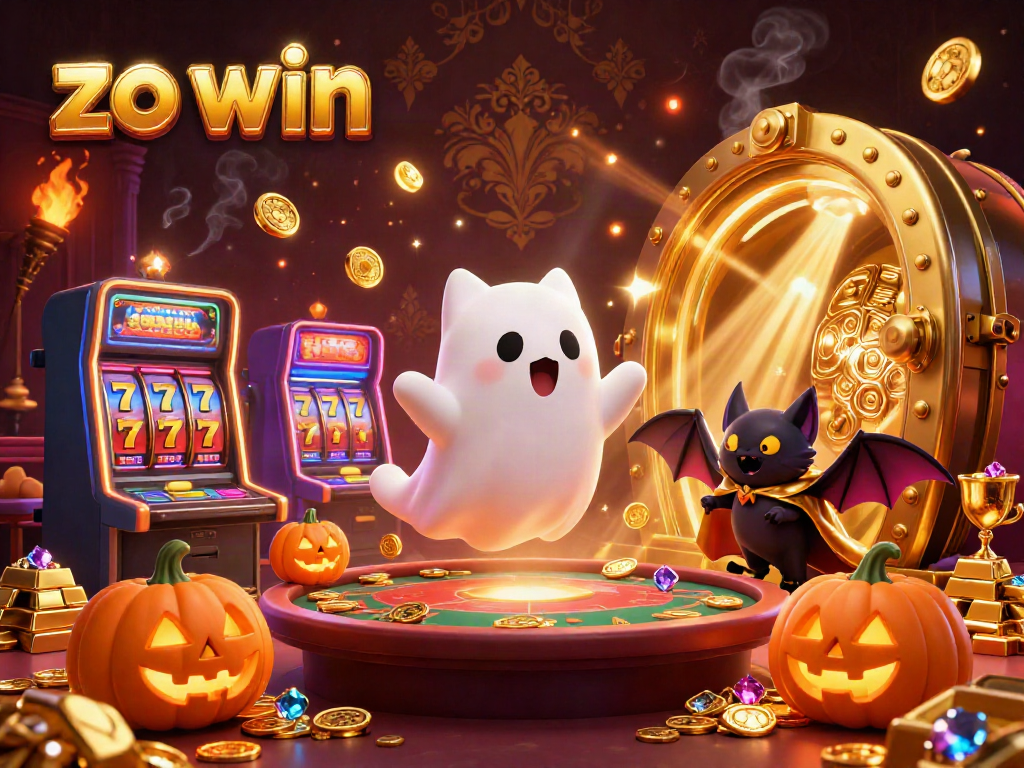 Immerse yourself in the excitement of zo win with floating ghost cat, golden treasures, and spinning slot reels in this vibrant casino scene.