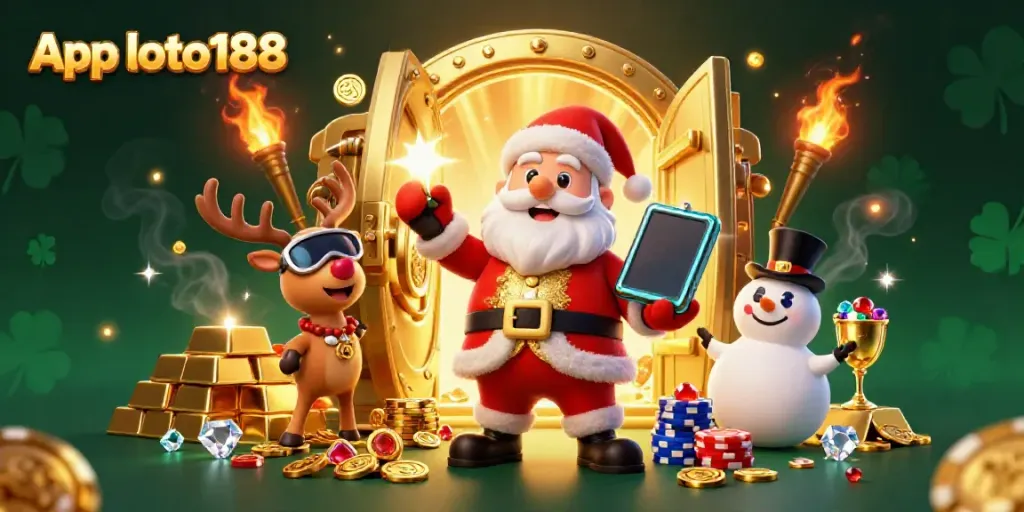 Win big with App loto188 illustrated scene featuring Santa, a reindeer, and a snowman in a casino