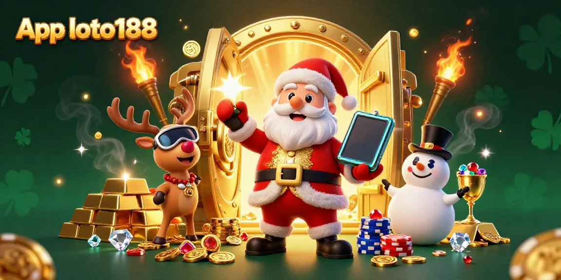 Win big with App loto188 illustrated scene featuring Santa, a reindeer, and a snowman in a casino