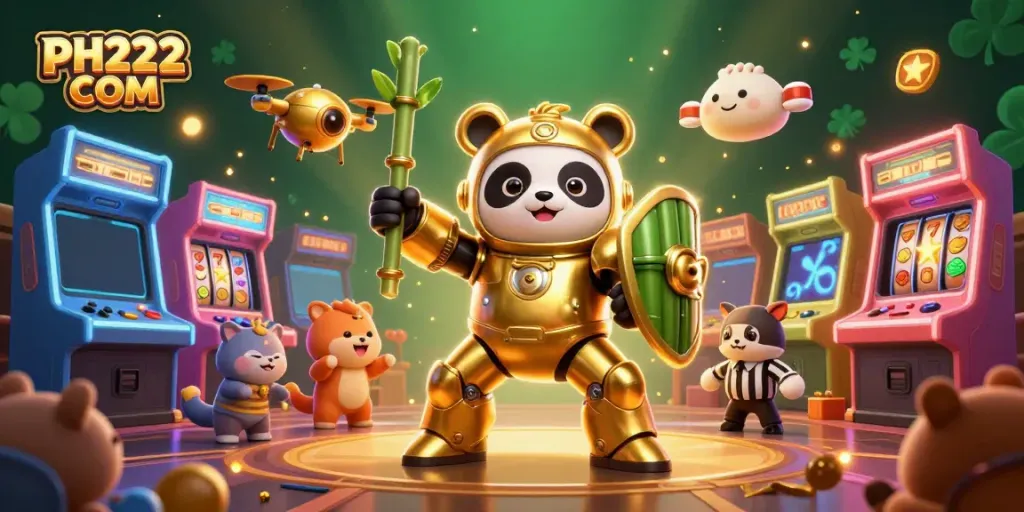 Experience the excitement of PH222 COM with a golden panda in a dynamic gaming arena.