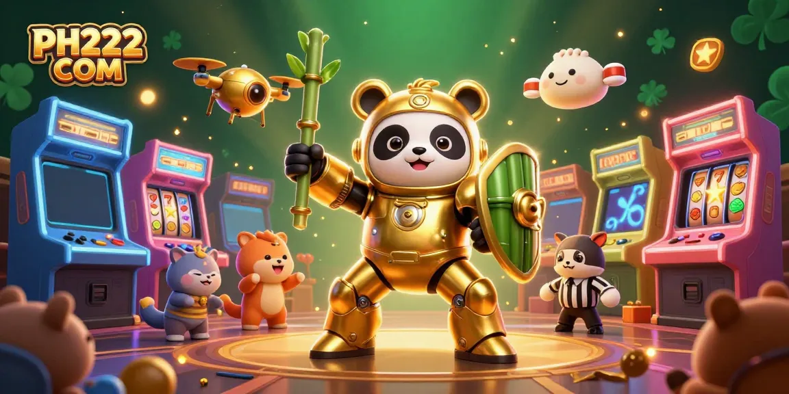 Experience the excitement of PH222 COM with a golden panda in a dynamic gaming arena.