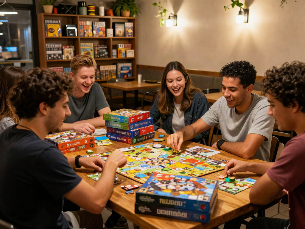 Meeplehaus.net board game cafe scene with friends enjoying a game night.