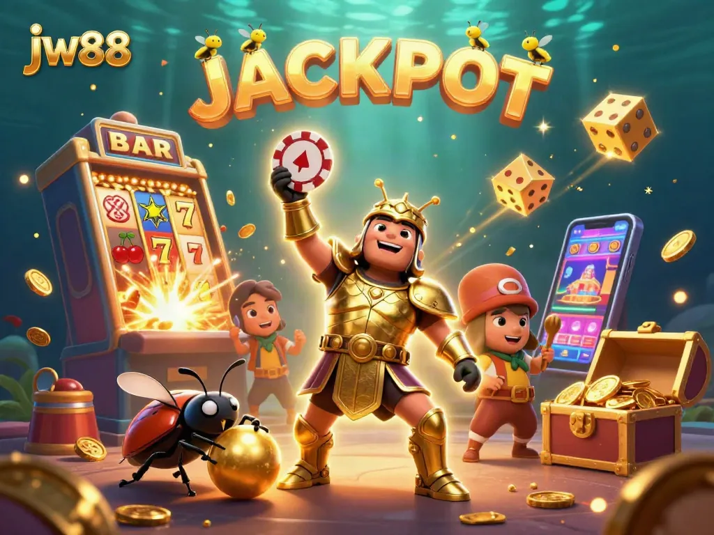 Experience high-energy gaming moments with jw88’s victorious beetle characters surrounded by jackpot elements.