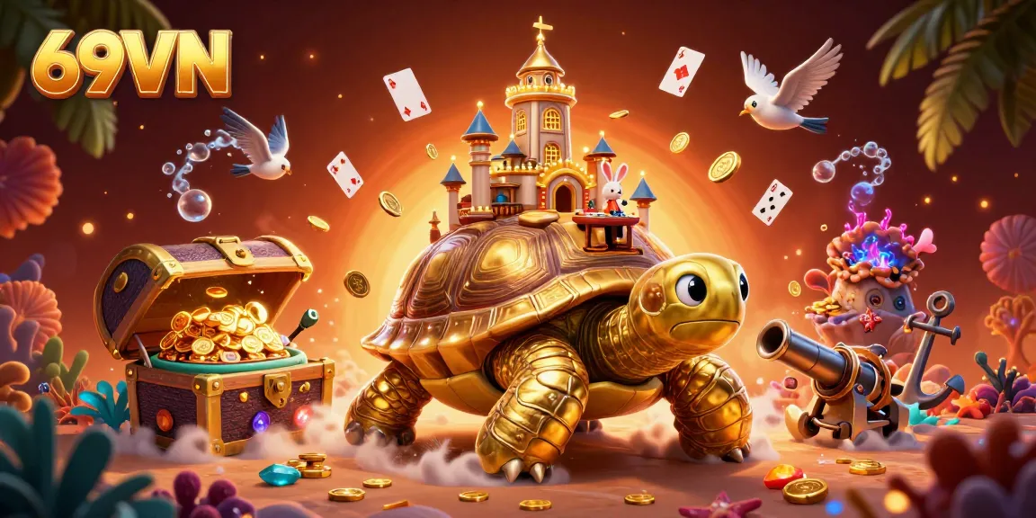 Experience thrills at 69VN with a vibrant 3D scene of a golden tortoise casino and winning birds.