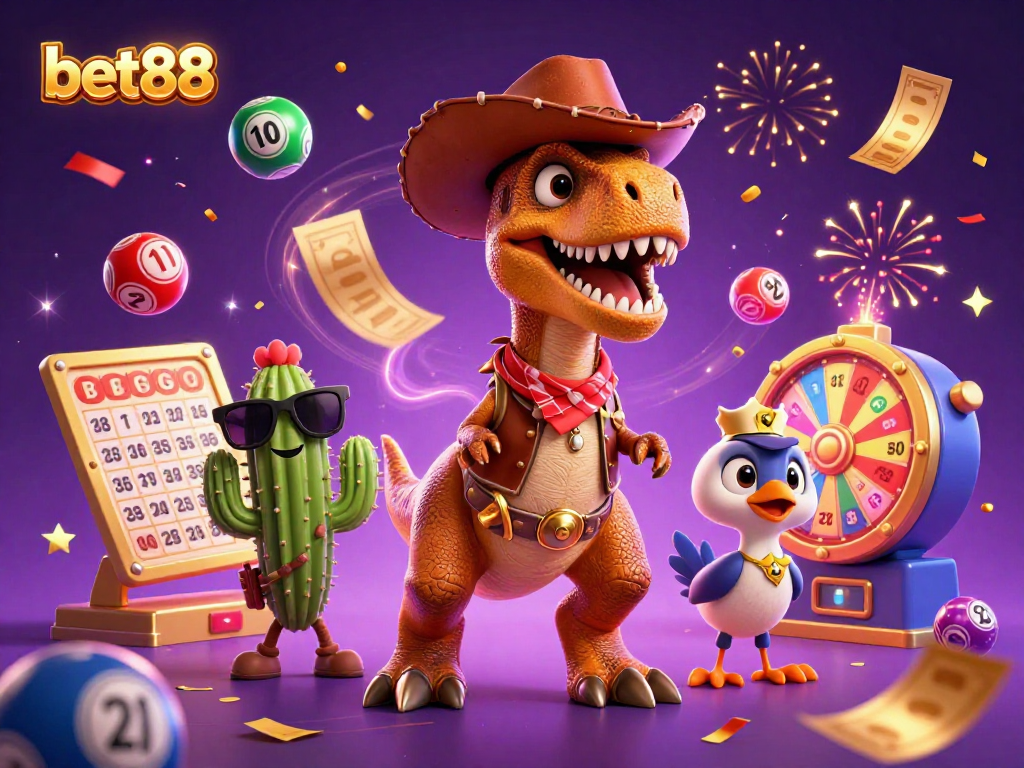 Experience exciting gameplay at bet88 with vibrant casino-themed characters and dynamic lottery elements.