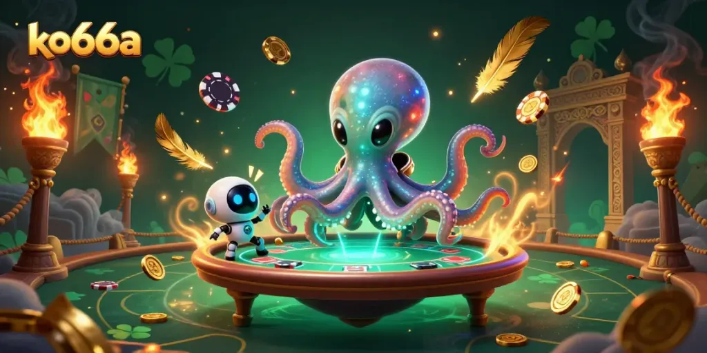 Engage in thrilling poker action with ko66a's 3D octopus dealer and vibrant game elements.