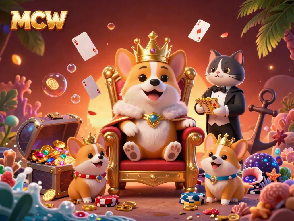 Experience MCW's vibrant online casino scene with the royal corgi and treasure-filled underwater elements.