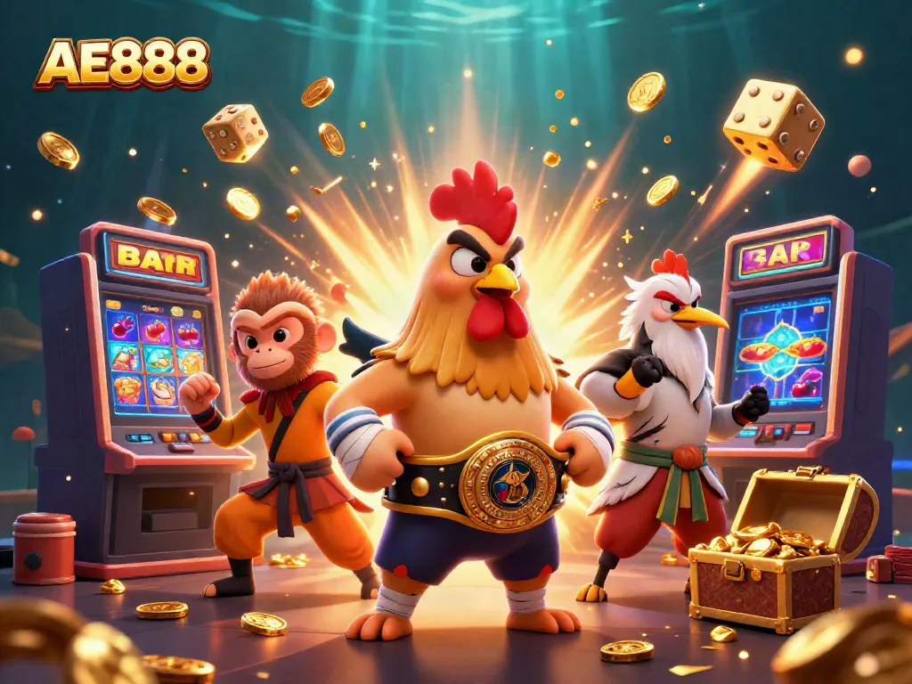 Engage with AE888's vibrant casino world featuring a fierce Muay Thai rooster and dynamic games.