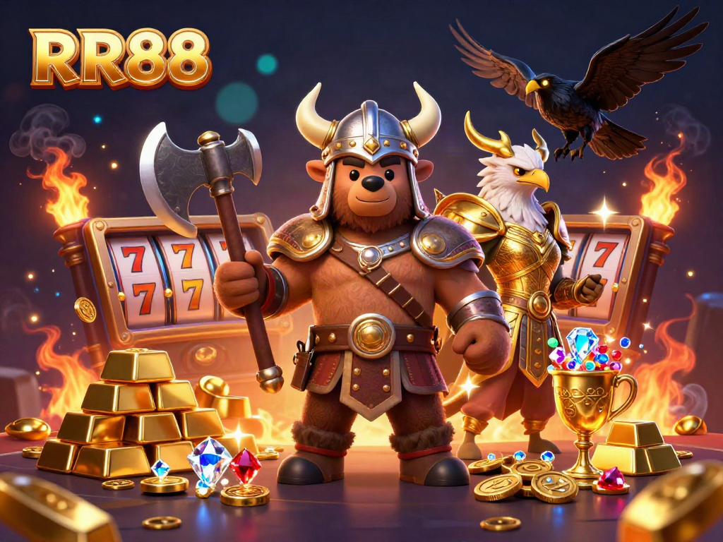Experience thrilling adventures at RR88 with a Viking bear and golden treasures in a majestic casino.