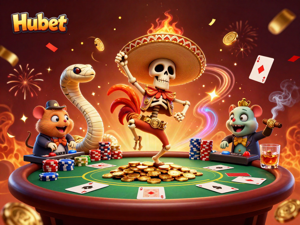 Join Hubet's thrilling celebration with vibrant characters in an electrifying casino scene.