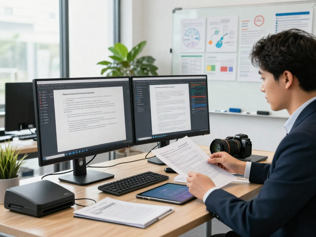Analyzing document fraud detection technology in a modern office environment with advanced tools and data analysis.