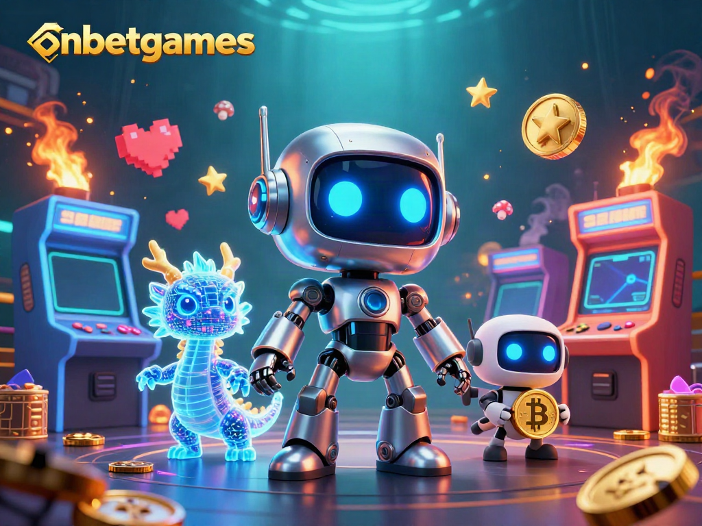 Elevate your gaming with onbetgames in a vibrant 3D casino adventure featuring a cyberpunk robot and crypto!
