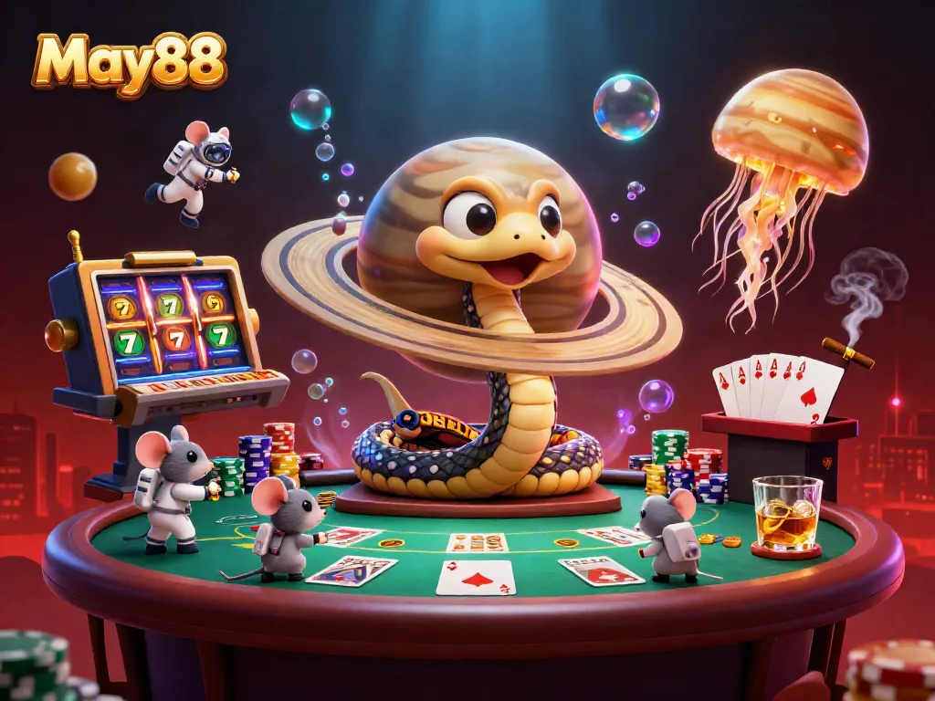 Experience the thrill of May88 casino with vibrant astronaut mice betting on Saturn's roulette rings in space.