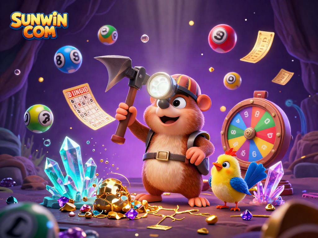 Play exciting games like bingo and lotteries with SUNWIN COM in a vibrant, animated casino scene.