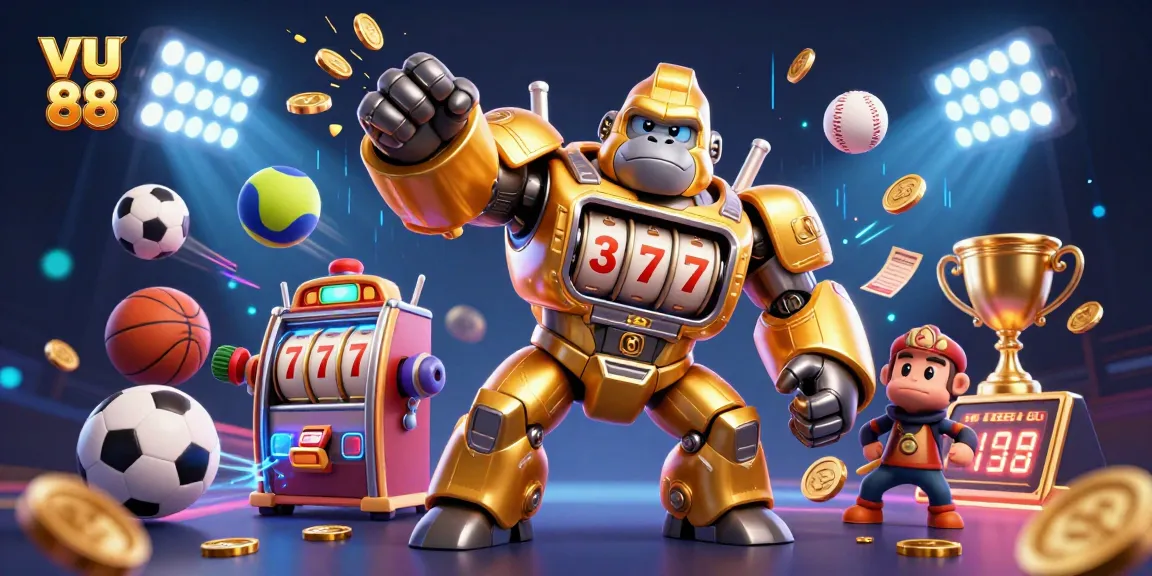 Experience thrilling gameplay with vu 88's golden gorilla mech, vibrant sports elements, and explosive action.