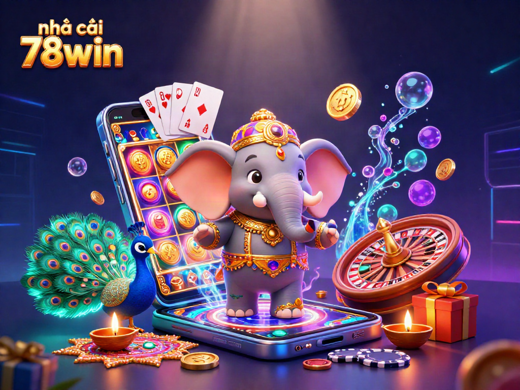 Play exciting games at nhà cái 78win with a festive scene featuring a colorful elephant and neon casino elements.