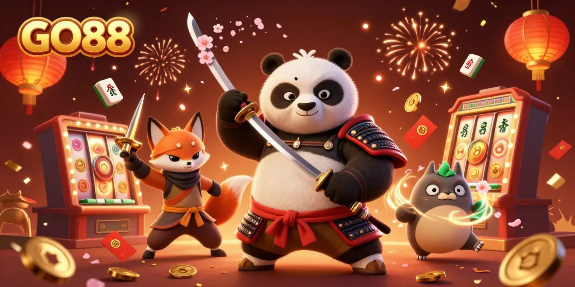 Experience the excitement of GO88 with dynamic samurai and ninja characters amidst vibrant casino elements.